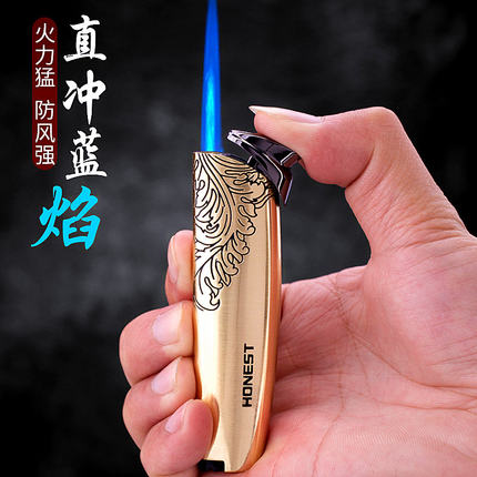 High-end Hong Kong brand lighter creative personality straight-through windproof cigar inflatable lighter blue flame outdoor lighter