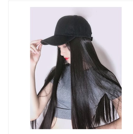 Hat with Real Hair Integrated for Women, New Summer Style, Fashionable Internet Celebrity Long Straight Hair, Natural Full Head Wig with Fake Hair