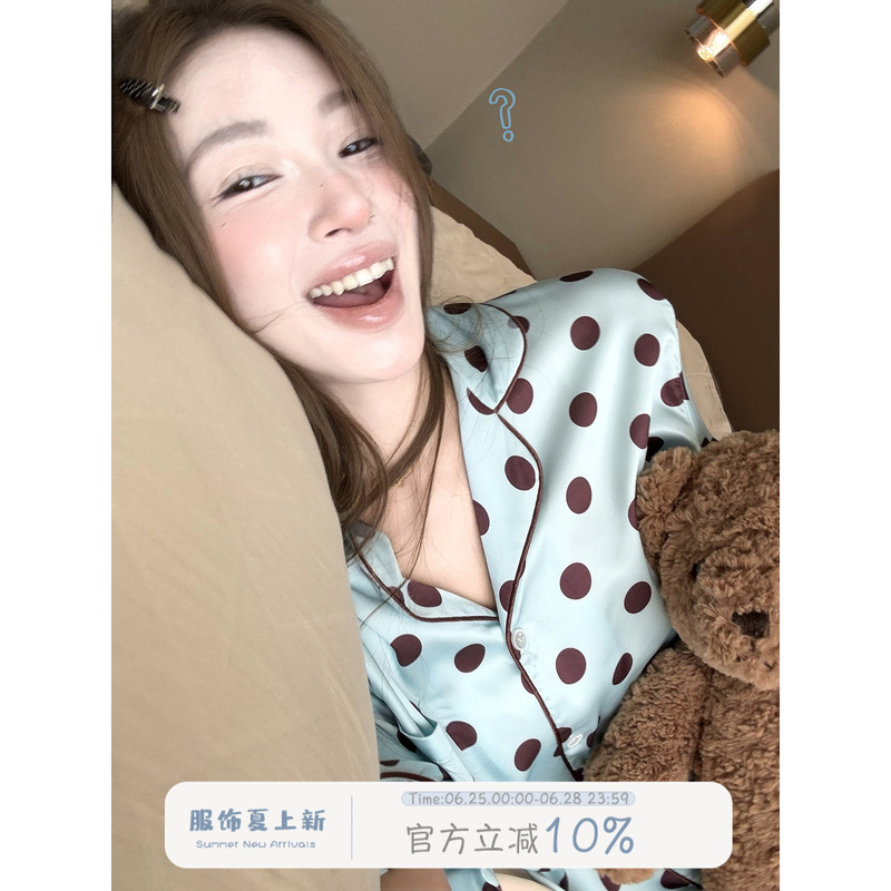 Joycebra Ice Silk Cool Polka Dot Pajamas Women's Summer Loose Short Sleeve Shorts 2026 New Home Clothing Set Joycebra Ice Silk Cool Polka Dot Pajamas Women's Summer Loose Short Sleeve Shorts 2026 New Home Clothing Set