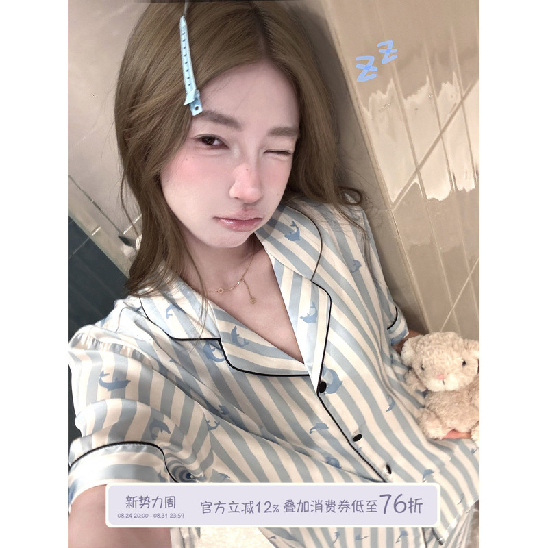 Joycebra Cute Dolphin Stripesd Satin Ice Silk Pajamas for Women Summer Short-Sleeved Home Wear Set That Can Be Worn Outside