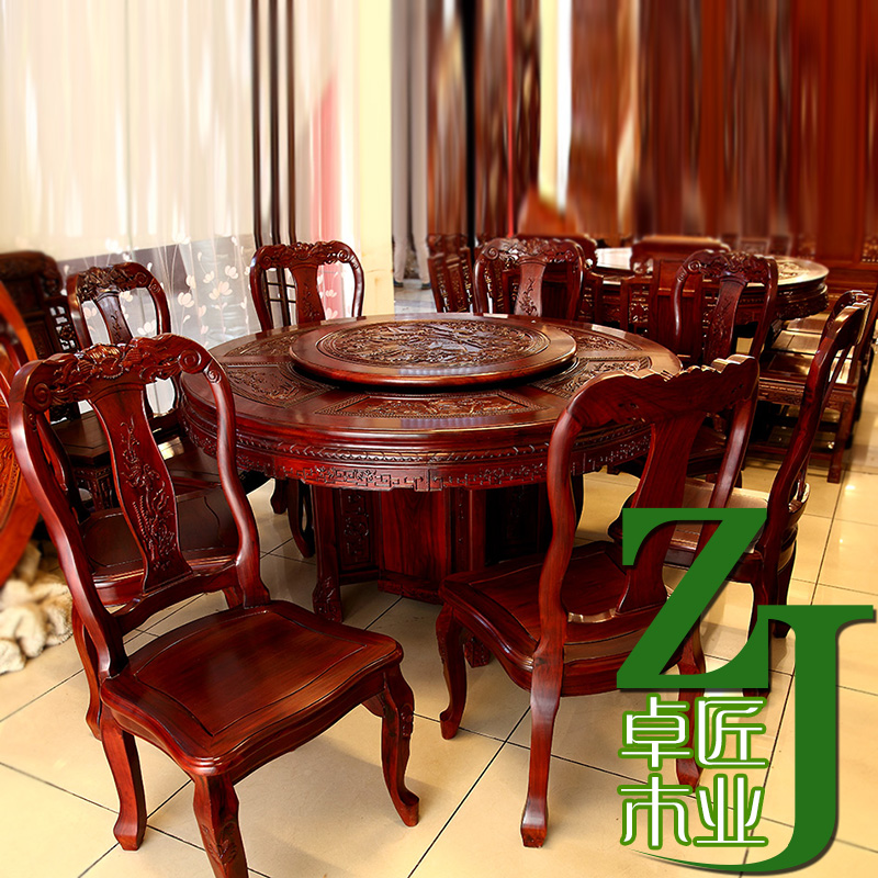 Promotion European-style red wood dining table and chairs combine African acid branches wood carvings with large round table Ming and Qing solid wood Classical Furniture