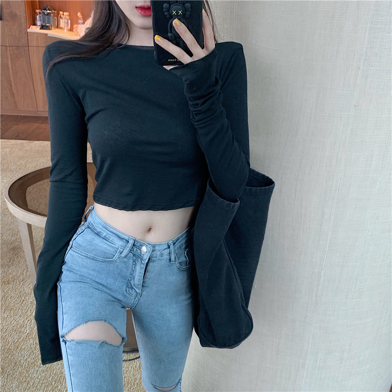 Black Hyuna-Style T-Shirt, Short, Tight-Fitting, Long-Sleeved, Sexy, Navel-Baring, Thin, High-Waisted Crop Top for Women, Autumn