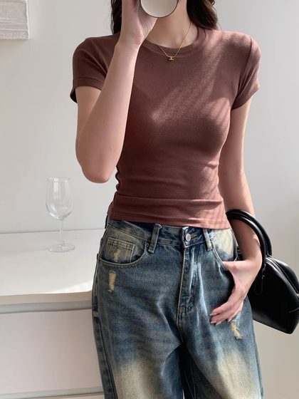 2025春夏美式正肩小圆领短袖修身叠穿中腰亲肤百搭紧身上衣t恤女