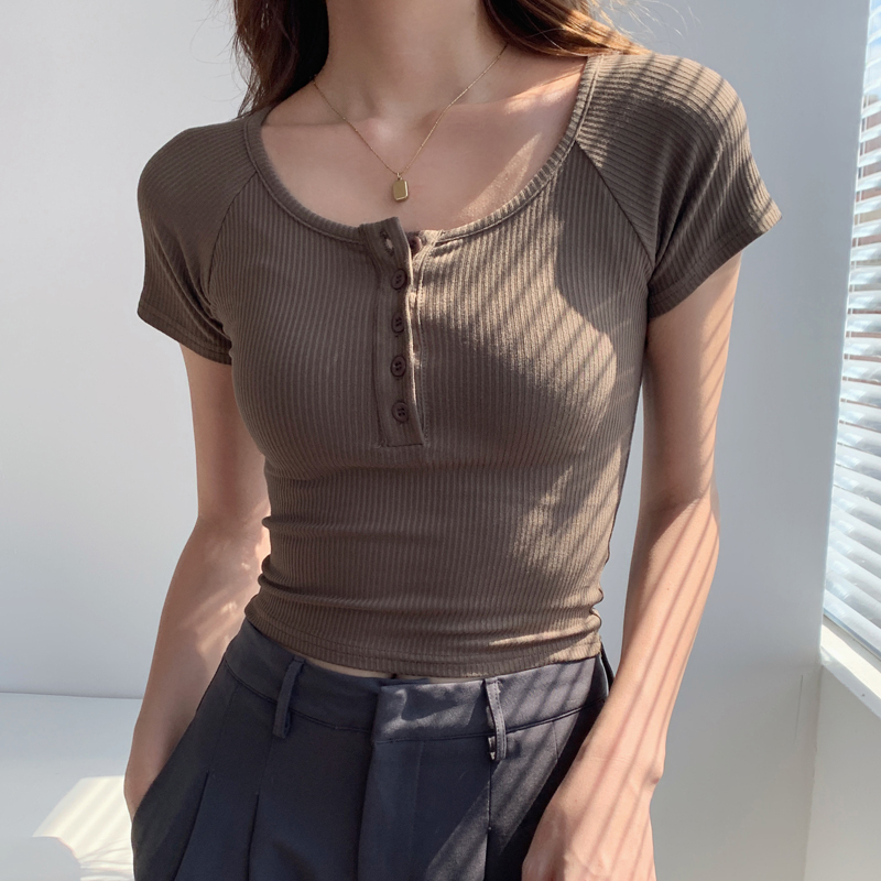 Pure Desire Style High-Waisted Round-Neck Short Versatile Slim-Fit Base Layer Single-Breasted Sexy Tight-Fitting Slimming Short-Sleeve T-Shirt Top
