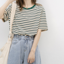 Striped short sleeve T-shirt female summer thin loose thin 2021 New Korean version of ins tide casual Joker cotton top