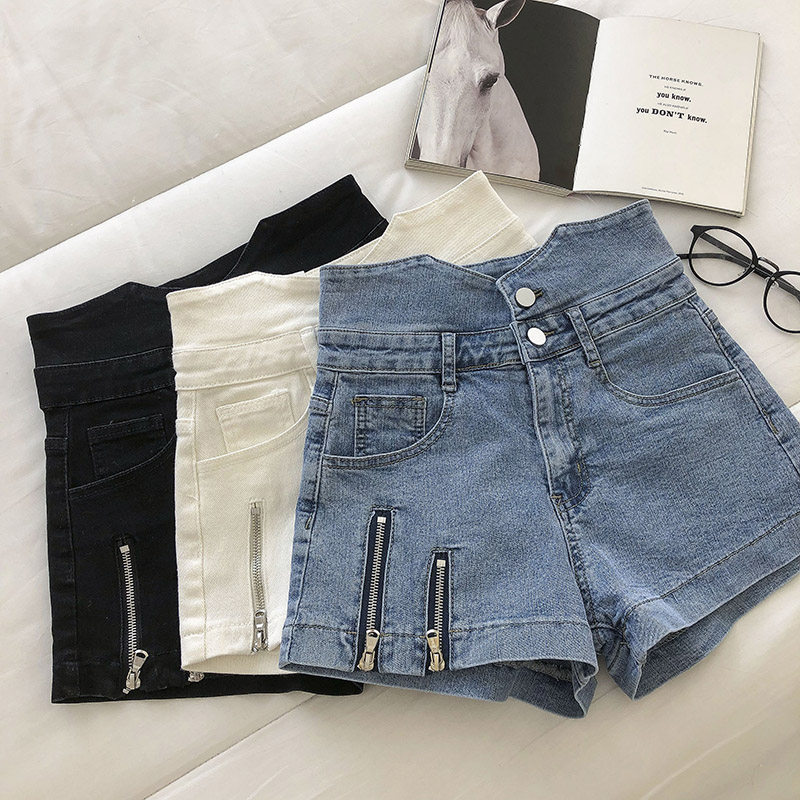 South Korea Design Sensation Double Pull Chain High Waist Denim Shorts Woman 2021 New summer workout A character wide-legged hot pants