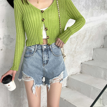 Korea Breaking Hole Cowboy Shorts Woman 2021 new summer and thin section High waist loose with slim a character hot girl with hair side hot pants