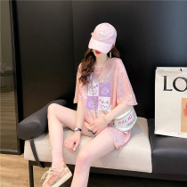 Cute cartoon print short sleeve T-shirt female summer thin loose design sense niche medium long half sleeve cotton top