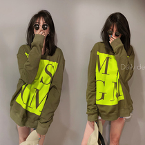 European station 2021 early autumn new military green long sleeve female long loose ins tide cotton sweater