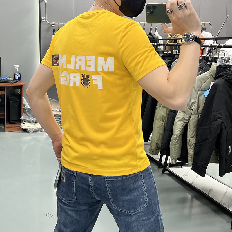 Yellow Short-Sleeved T-Shirt for Men with Printed Pattern on the Back, 2025 Summer New Style, Mercerized Cotton, Trendy Brand, Youth T-Shirt