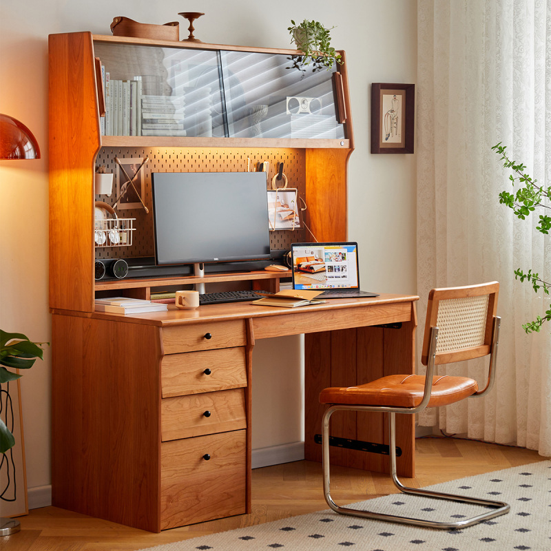 All Solid Wood Desk Cherry Wood Bookshelf Integrated Desk Study Home Student Study Room Perforated Board Storage Computer Desk