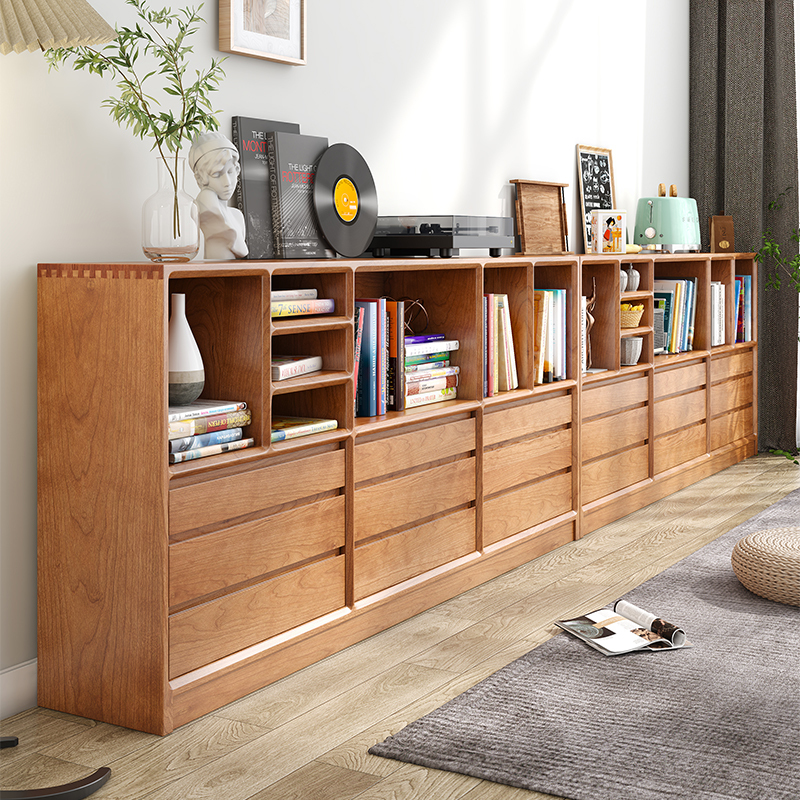 Cherry Wood Solid Wood Bookcase, Floor Cabinet, Low Cabinet, Storage Cabinet, Integrated Bookshelf, Side Cabinet with Drawers, Sideboard, Combination Cabinet