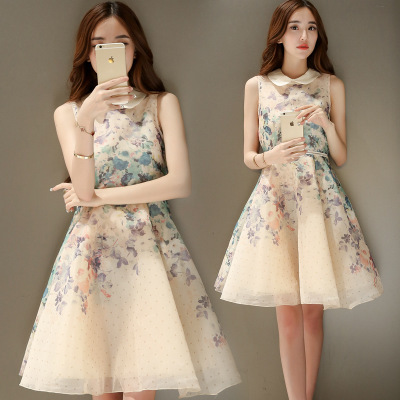 Papaya Milk Summer Women's New Korean Style Temperament Doll Collar Sleeveless Printed Waist Dress