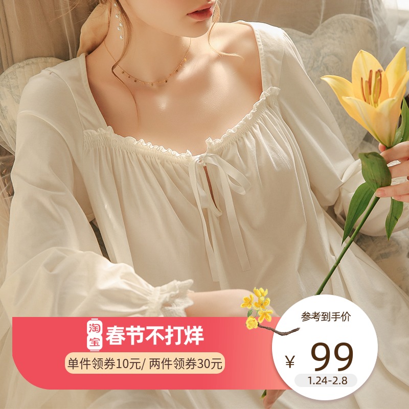 Spring and autumn sexy court style long sleeves loose cute princess nightdress long style pure desire French cotton pajamas women summer