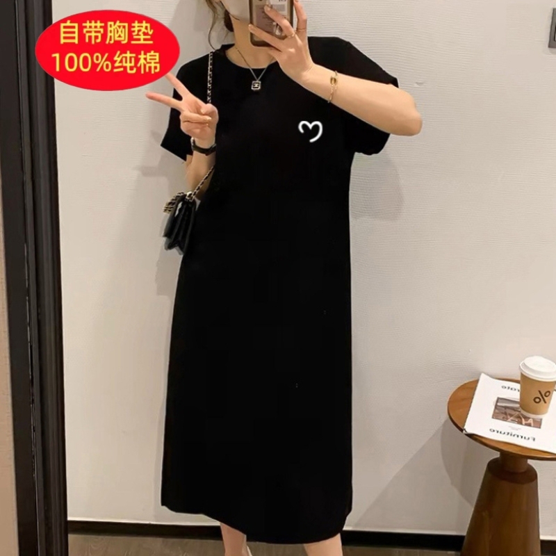Summer Cotton Short-Sleeved T-Shirt Dress with Chest Pads, Loose Casual Plus-Size Over-The-Knee Long Dress with Side Slits T-Shirt Dress Summer Cotton Short-Sleeved T-Shirt Dress with Chest Pads, Loose Casual Plus-Size Over-The-Knee Long Dress with Side Slits T-Shirt Dress