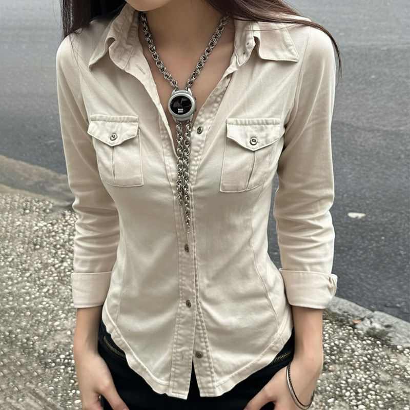 Last Danse American Retro Denim Shirt for Women 2026 Spring New Style Simple Solid Color Waist-Cinching Casual Shirt