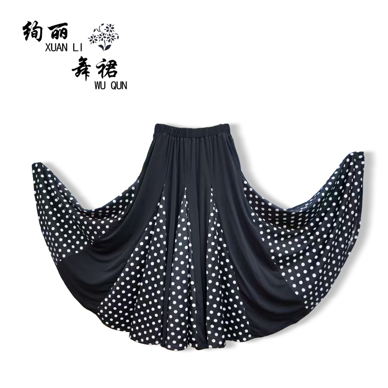 I New Style Modern Dance Skirt National Standard Ballroom Full-Length Skirt Practice Skirt Waltz Dance Skirt White Polka Dot Dance Skirt