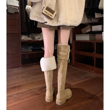 Six-Point Uncle Style Over-The-Knee Long Boots for Women, 2025 Winter New Flat Boots with Fleece Lining, Warm Lamb Wool Snow Boots
