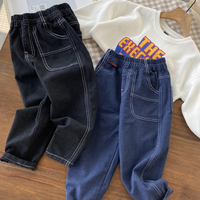 Looser version boy big pocket jeans Luo Radish Pants Tightness Belt Spring Autumn Long Pants 2022 Spring Dress New