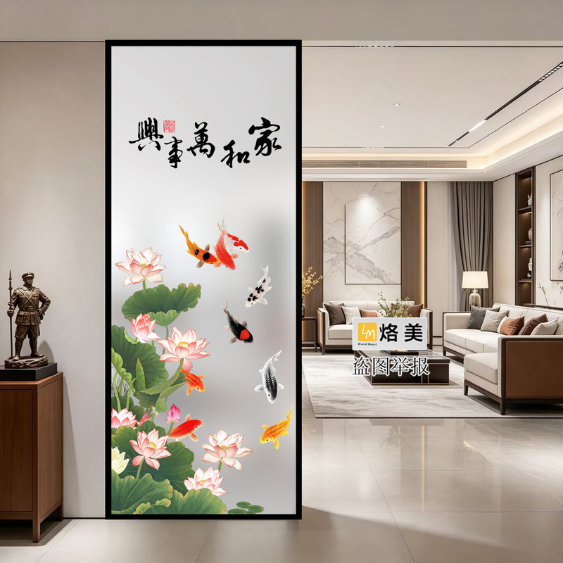 Art Glass Chinese-Style Lotus and Koi Screen Partition Living Room Decorative Background Wall Bathroom Half-Wall Tempered Glass