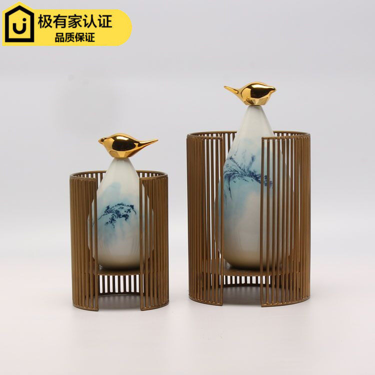 New Chinese Creative Iron Art Bird Cage Ceramic Pendulum Decorated with Wine Cabinet Soft Decorations Hotel Villa Crafts Gift Hem