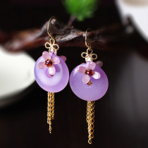 Retro safe button earrings long tassel ancient wind earrings flower ears clip ethnic girl Super fairy purple earrings