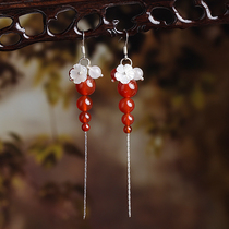 Retro wind earrings long face thin earrings female red agate Super fairy atmosphere sterling silver tassel National style earrings