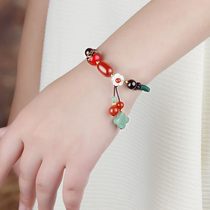 Ethnic style four-leaf clover bracelet female hand-woven hand rope female red agate Dongling Jade ancient style student jewelry