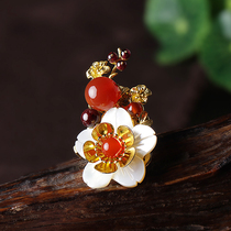 Retro brooch female ethnic style corsage red agate Flower sweater jacket pin Joker Joker Chinese style accessories autumn and winter