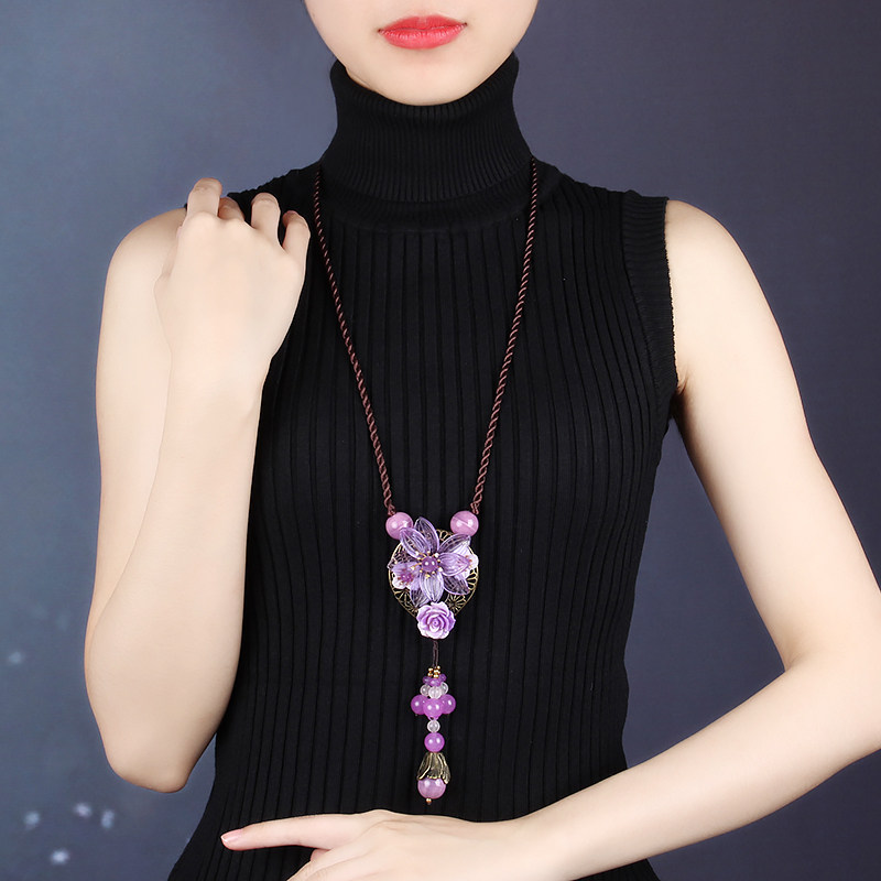 Ancient style necklace pendant retro sweater chain long version of ethnic style pendant decorations Wild purple simple adjustable