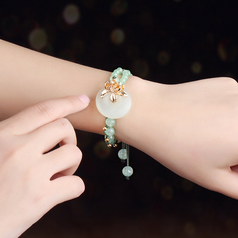 Chinese style female retro green jade cord string Yuping button small fresh rope weaving ancient arts jewelry