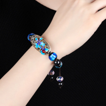 Ancient style bracelet female hand string blue hand rope colored glazed black agate wrist jewelry National style retro Chinese style hand decoration