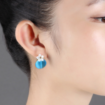Ancient style earrings Blue Cats Eye Stone small flower hipster Chinese style earrings small and exquisite classical ear flower accessories women