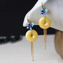 Retro safe button earrings female long ethnic wind earrings tassel bag golden yellow Chinese style earrings temperament jewelry