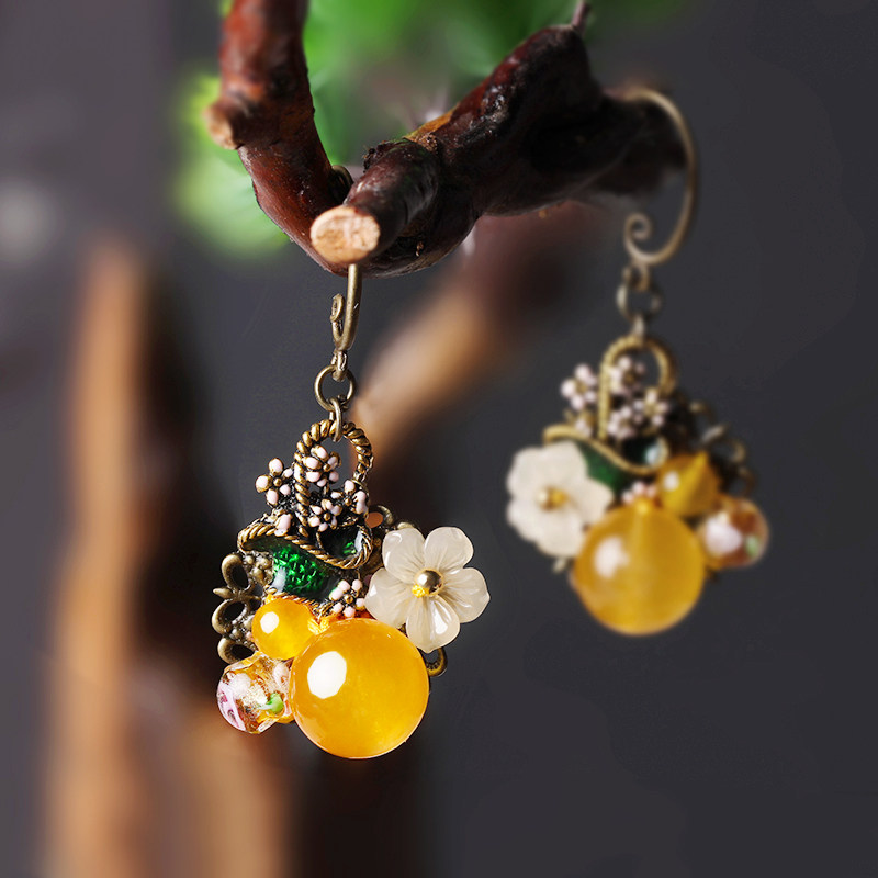 Retro Earrings Ancient Wind Ear Pendant Hanfu Qipao Ancient Dress Yellow Super Fairy Short And Classical Ear Clip National Wind Ear Accessories Woman