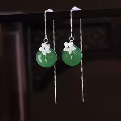Small fresh earrings forest green chalcedony earrings S925 sterling silver earrings 2021 new wild ethnic style earrings summer