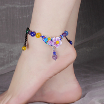 Ancient style foot chain 2022 new anklet womens Amethyst chalcedony National style foot rope hand woven foot neck jewelry