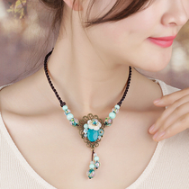 Vintage necklace female ethnic style decoration choker short blue chalcedony neck chain temperament fresh winter neck jewelry