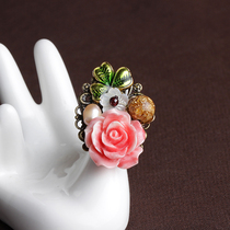 Retro ring female national wind ring index finger ring ring pink rose flower decoration Court personality ancient style hand decoration