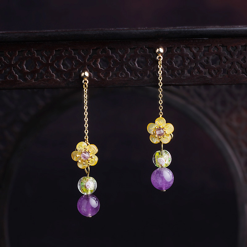 Ethnographic wind amethyst ear studs restore ancient ways earpiece long earring line style temperament acts the role of simple jostle prevent allergic female