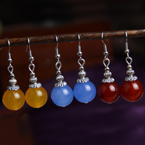 Original retro earrings womens short round beads agate earrings Tibetan silver earrings fashion simple versatile accessories accessories