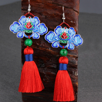 Red Streaming Su Ethnic Wind Earrings Earring Holder in the long section Womens retro view Thai blue earbuds 925 silver Yuan Customized Earlids