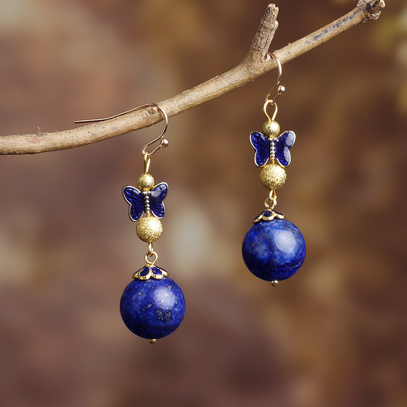 Retro Ear Lady Landscape Tai Blue Butterfly Earring Spring and Summer National Ear Accessories of the Court