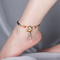 Ethnic style women anklet women 2021 strokes peach flower butterfly foot chain ancient foot rope hand woven foot neck jewelry