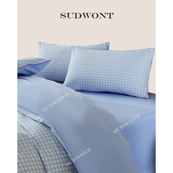 Sudwont Home Textiles ins Wind-Inlaid Rope-Edged Blue Plaid Four-Piece Set Pure Cotton 1.8m Korean Style Quilt Cover Small and Fresh