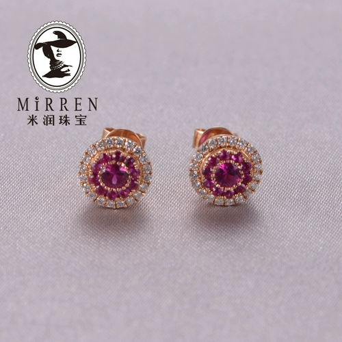 Натуральные рубиновые серьги, золотая бриллиантовая инкрустация камня, золото 18 карат, розовое золото