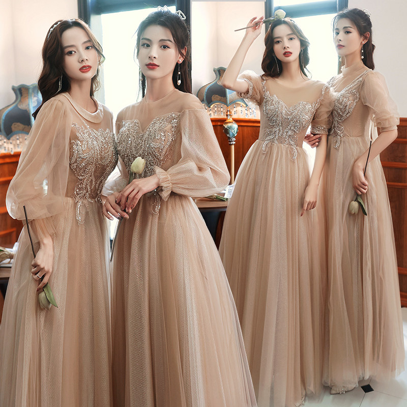 Bridesmaid dress female 2023 new long-sleeved fairy temperament sisters dress bridesmaid group boudoir honey dress show thin cover meat