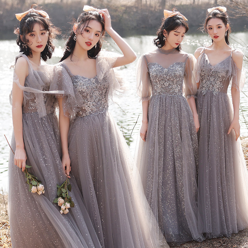 Grey bridesmaid dress 2023 new fairy temperament long bridesmaid sister dress wedding simple atmospheric girl dress
