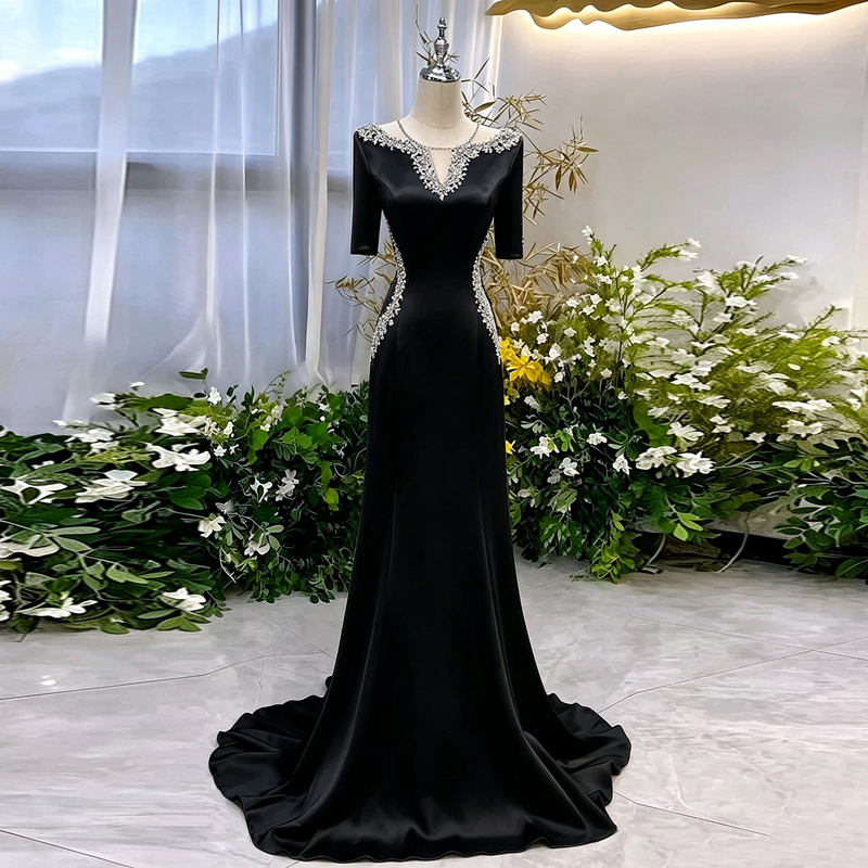 Black High-End Evening Dress Host Performance Costume Folk Song Solo Performance Dress Piano Performance Conductor Stage Dress Black High-End Evening Dress Host Performance Costume Folk Song Solo Performance Dress Piano Performance Conductor Stage Dress