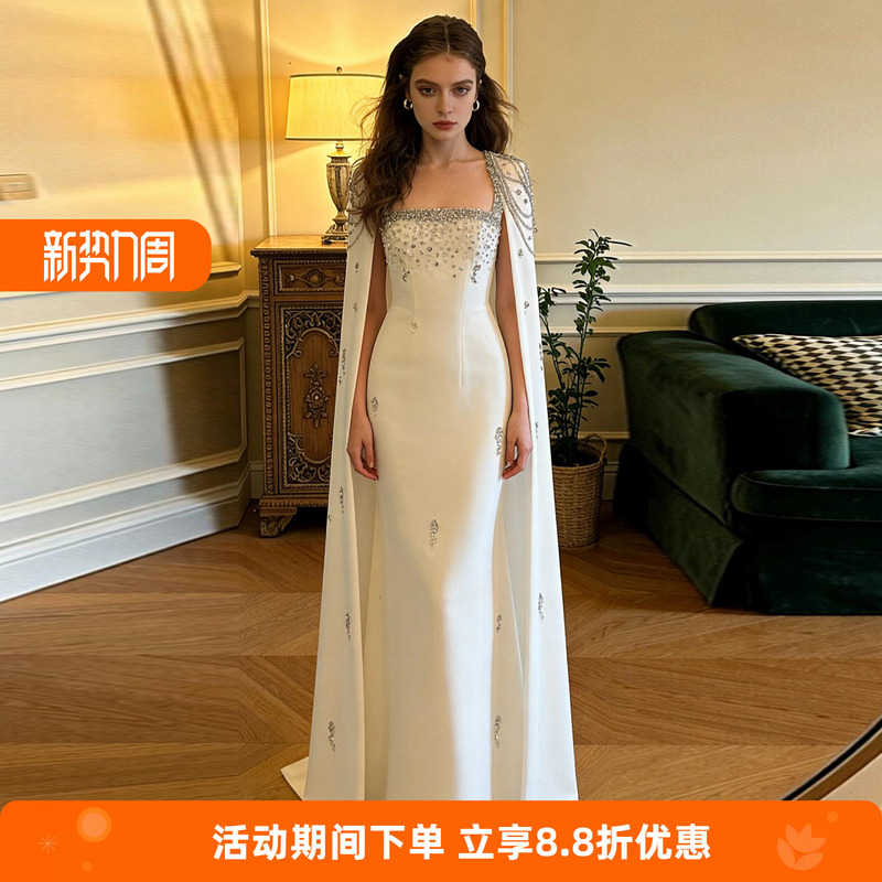 Elegant High-End Evening Dress, White, Heavily Beaded with Chain Shawl, Suitable for Hosting Banquets, Art Exams, Vocal Solo Performances Elegant High-End Evening Dress, White, Heavily Beaded with Chain Shawl, Suitable for Hosting Banquets, Art Exams, Vocal Solo Performances
